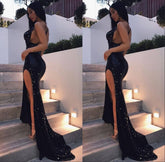 Black Sequins Spaghetti Straps Side Slit Criss-Cross Prom Dress